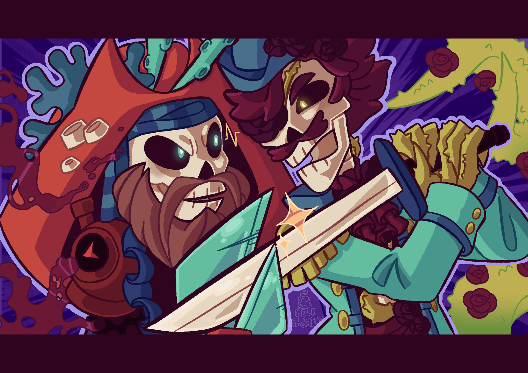 A drawing for Captain Clapperclaw and Ambrose Bennet, two skeleton pirates, clash claw against blade in a battle.